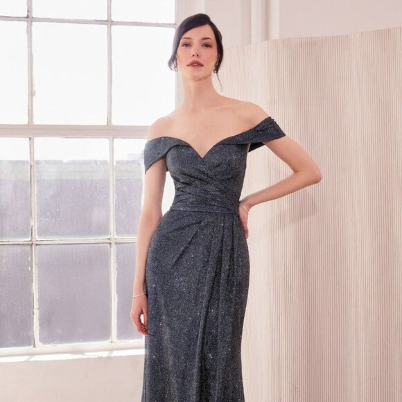 New Off Shoulder Sheath Glitter Dress w/ Leg Slit & Mid-Open Zipper Back CD T605 - Picture 4 of 9